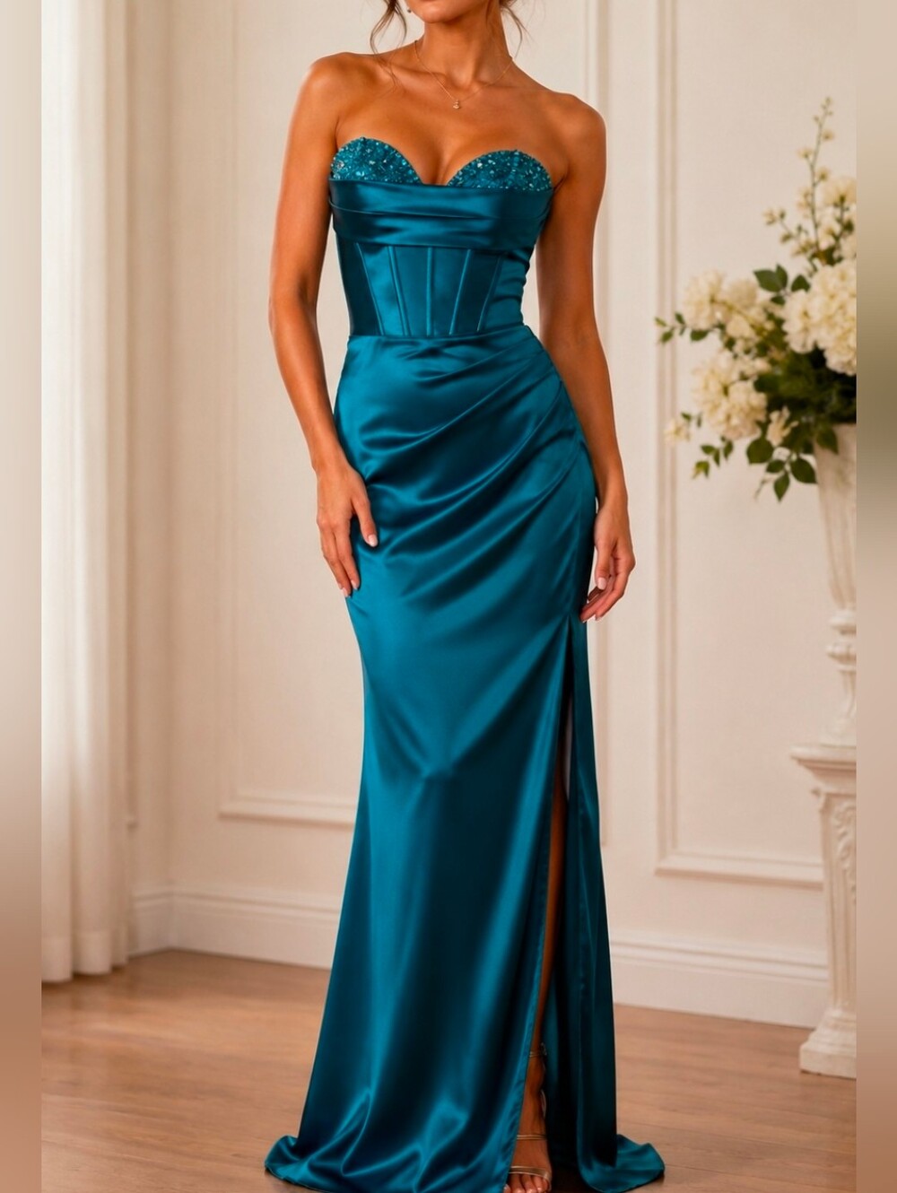 NWT Strapless Teal Evening Gown with Beaded Bust Accents & Laced Back Sz 8